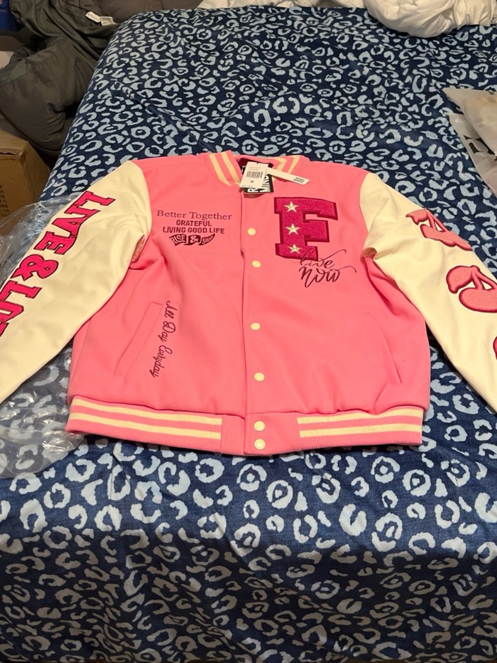 Pink and Cream Women's Varsity Jacket with Embroidered Lettering